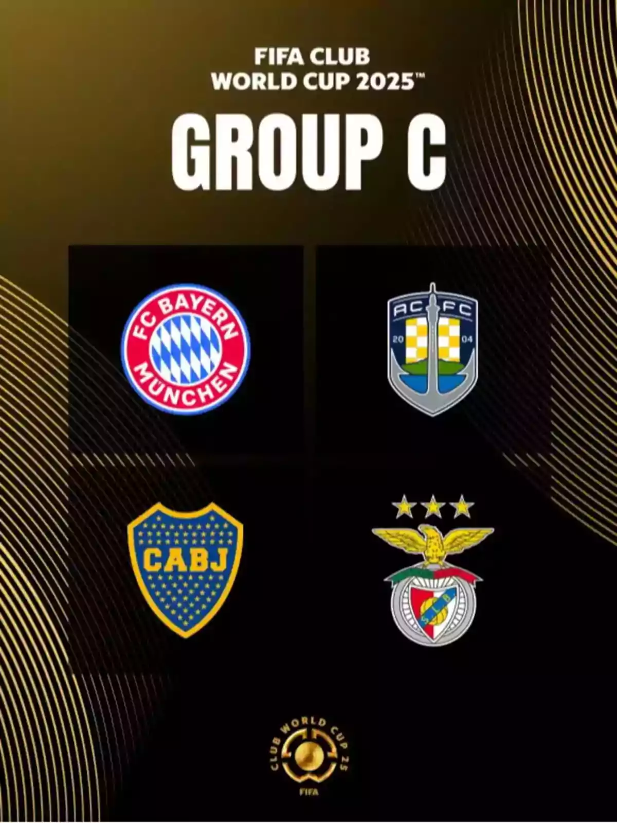 Imagen del Grupo C de la Copa Mundial de Clubes de la FIFA 2025 con los escudos de cuatro equipos de fútbol. Imagen del Grupo C de la Copa Mundial de Clubes de la FIFA 2025 con los escudos de cuatro equipos de fútbol.
