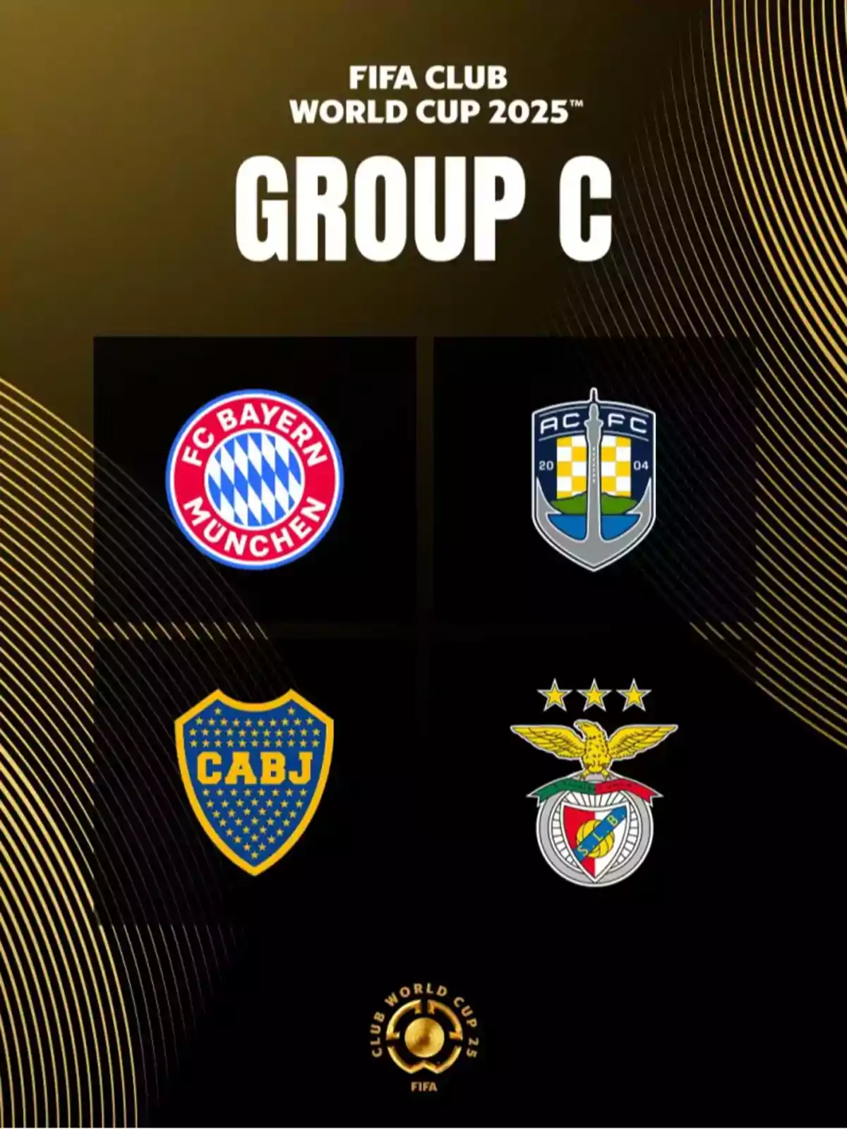 Image of the Group C draw for the 2025 FIFA Club World Cup featuring the crests of Bayern Munich, Auckland City, Boca Juniors, and Benfica on a black and gold background Image of the Group C draw for the 2025 FIFA Club World Cup featuring the crests of Bayern Munich, Auckland City, Boca Juniors, and Benfica on a black and gold background