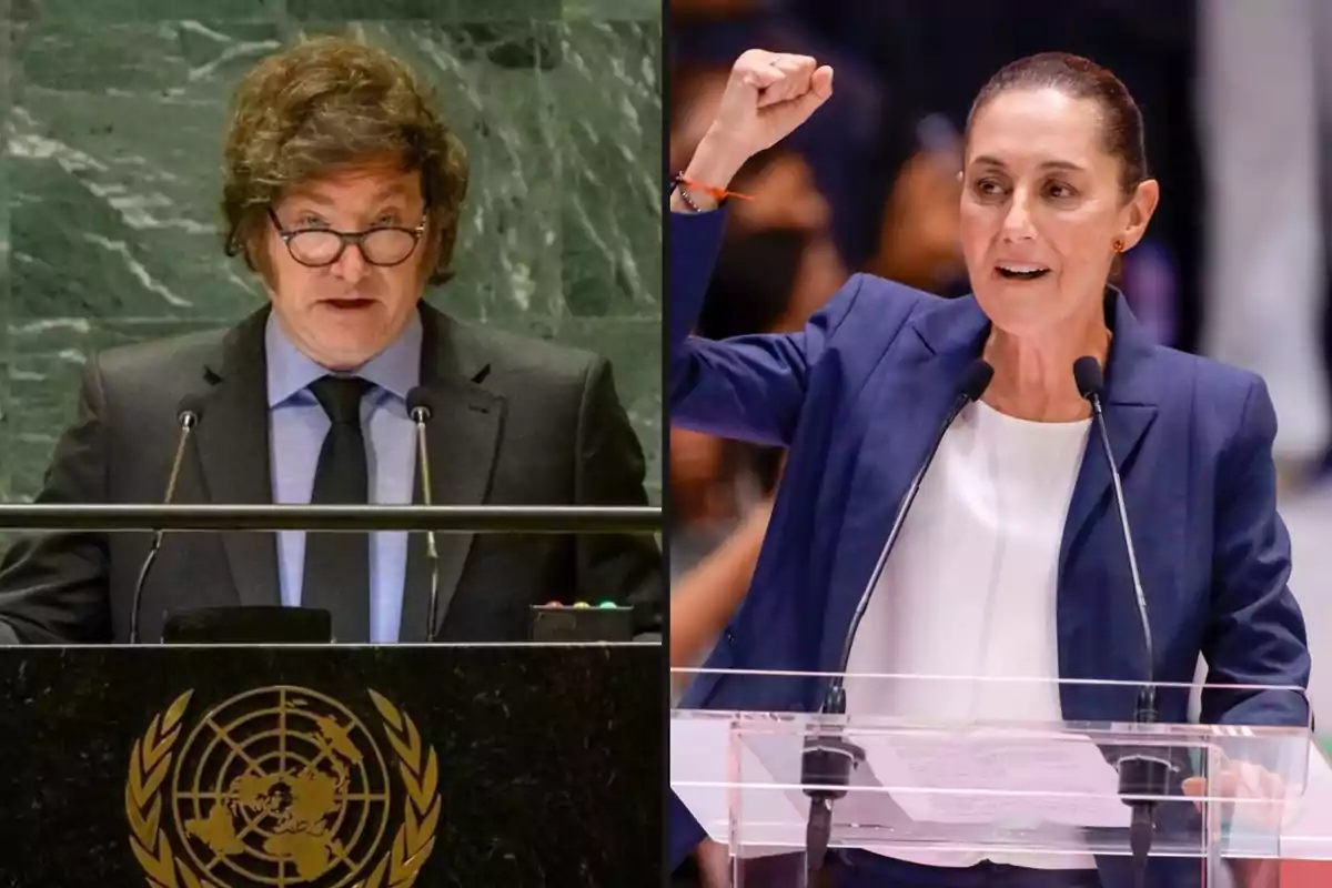 Dos personas hablando en eventos diferentes, una en un podio con el logo de la ONU y la otra levantando el puño en un discurso.