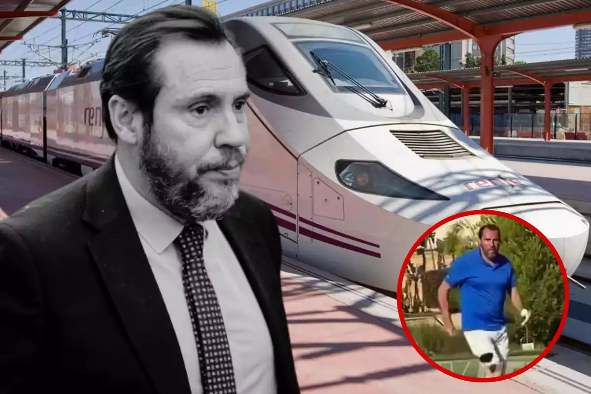 Un hombre con traje y corbata en primer plano, con un tren de alta velocidad en el fondo y una imagen circular de un hombre corriendo en la esquina inferior derecha.