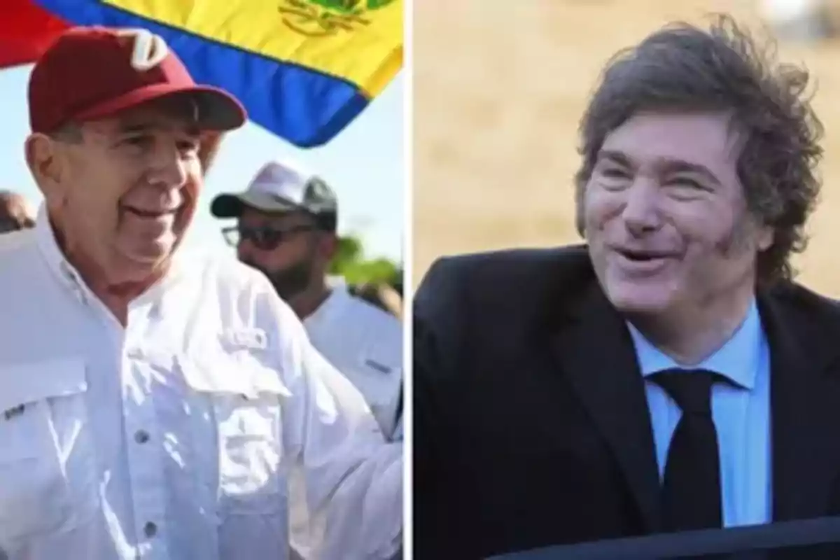 Dos hombres sonrientes, uno con gorra roja y camisa blanca frente a una bandera, y el otro con traje oscuro y corbata.