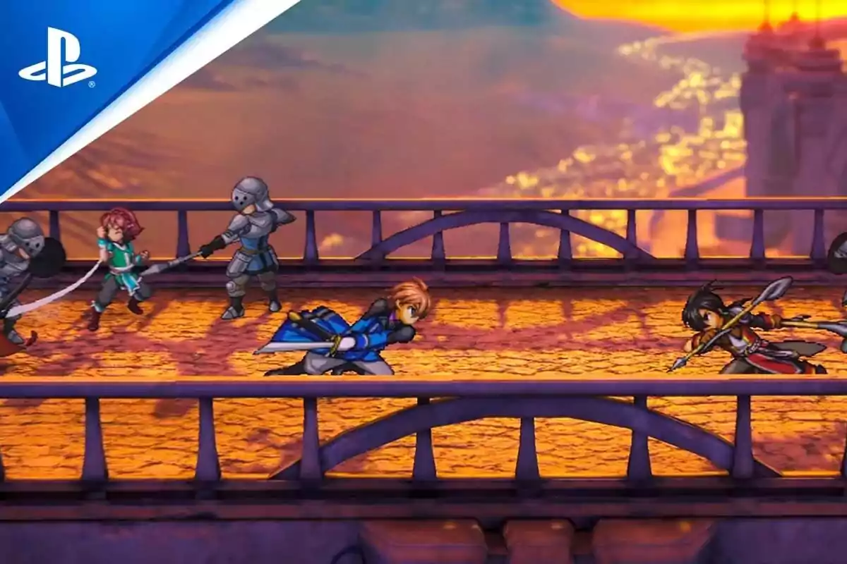 Personajes de estilo anime con espadas y armaduras luchan en un puente al atardecer en un videojuego de PlayStation Personajes de estilo anime con espadas y armaduras luchan en un puente al atardecer en un videojuego de PlayStation