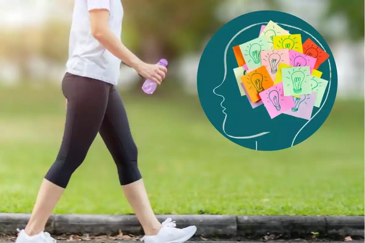 Persona caminando al aire libre con una botella de agua en la mano y un gráfico de ideas en la mente, representando el ejercicio simple de caminar que ayuda a la salud cerebral y la memoria.