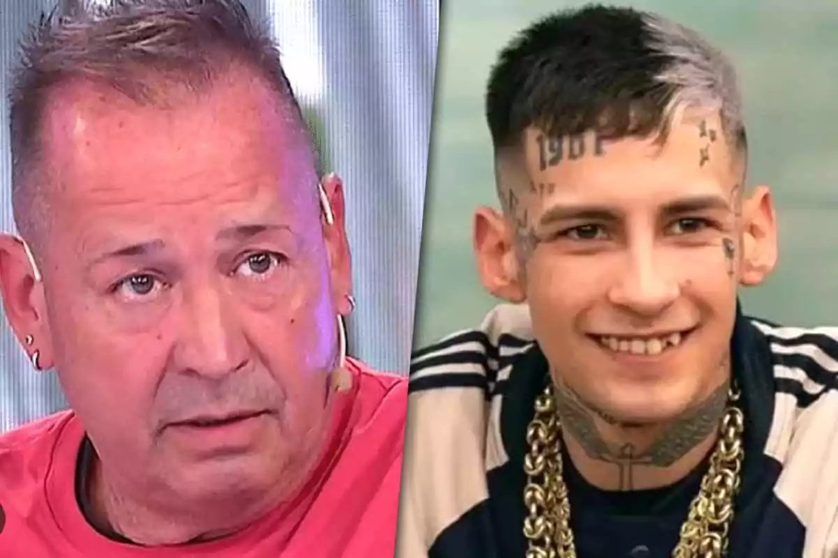 Dos hombres en una imagen dividida, uno con camiseta roja (El padre de L-Gante) y el otro con tatuajes faciales y cadenas doradas (L-Gante).