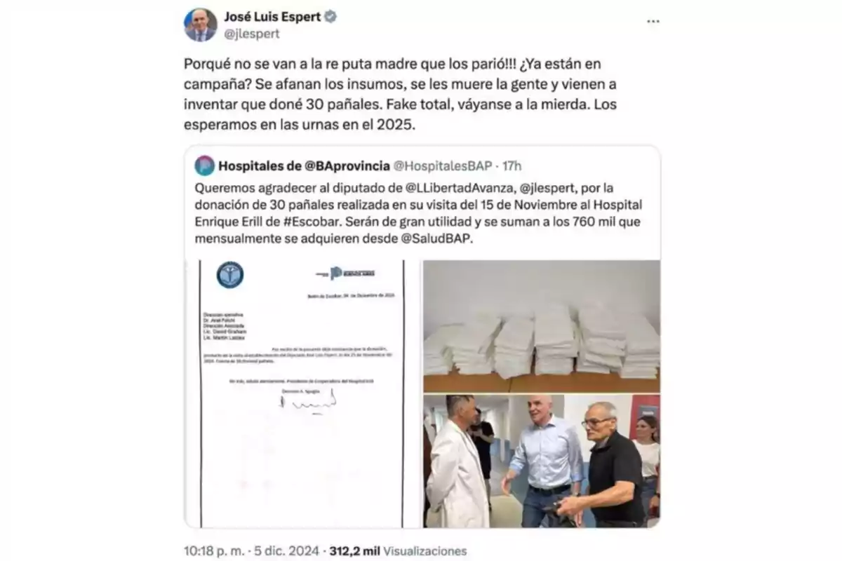 Un político expresa su enojo en Twitter, negando haber donado pañales a un hospital, mientras una cuenta oficial agradece dicha donación.