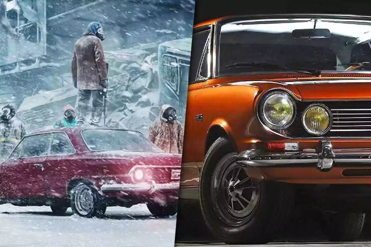 A split image shows on the left a winter scene with people wearing masks and a red car covered in snow, while on the right there is a classic orange car in a dark setting.