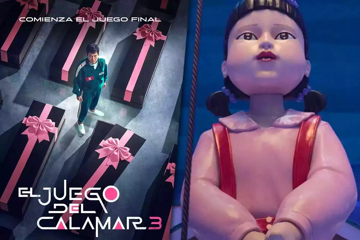 Un hombre con uniforme verde está rodeado de cajas negras con moños rosas y a la derecha aparece una muñeca gigante, ambos elementos relacionados con la serie El Juego del Calamar