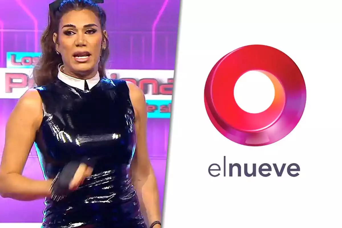 A person in a shiny black dress on a television set next to the "elnueve" channel logo.
