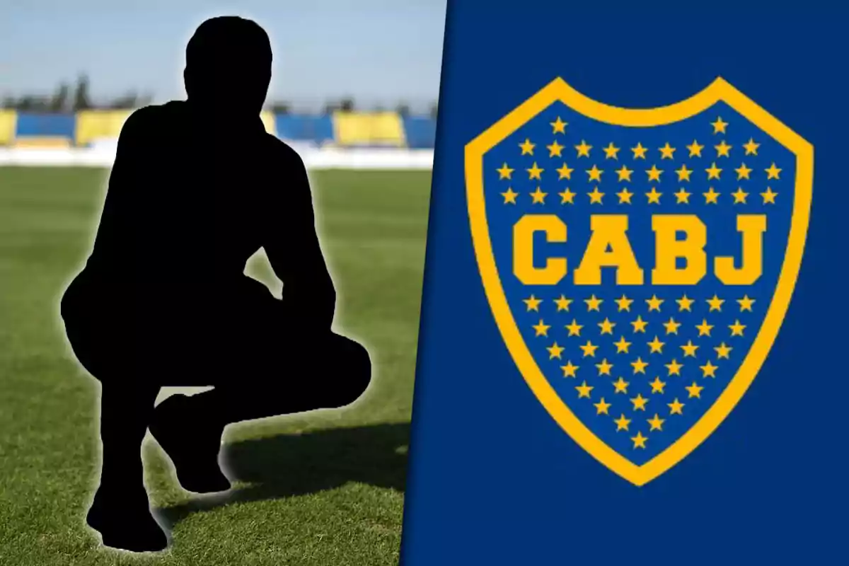 Silhouette of a person crouching on a soccer field next to the CABJ club emblem.