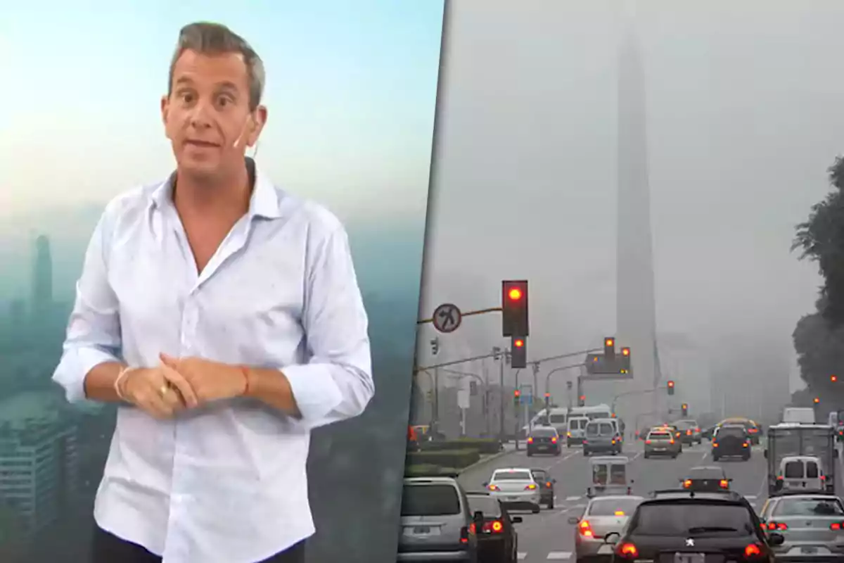 Matías Bertolotti con camisa clara está de pie frente a un fondo urbano mientras a la derecha se muestra una calle con tráfico y un obelisco en un día nublado.