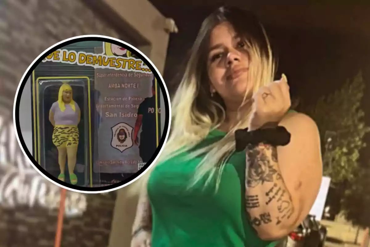 Una mujer con cabello rubio y tatuajes en el brazo posa para la cámara, mientras que en un recuadro se muestra una figura de acción con un atuendo similar.