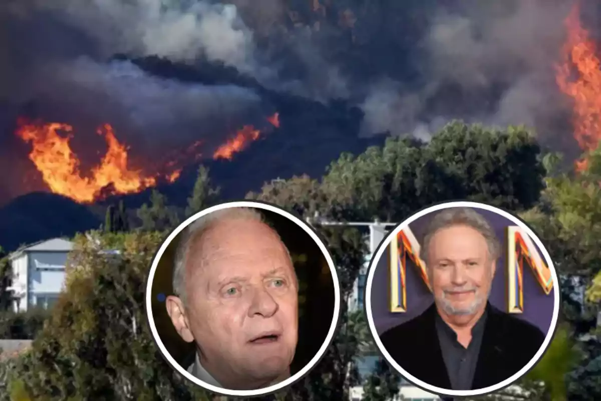 Dos personas enmarcadas en círculos sobre un fondo de incendio forestal con humo y llamas en una zona boscosa.