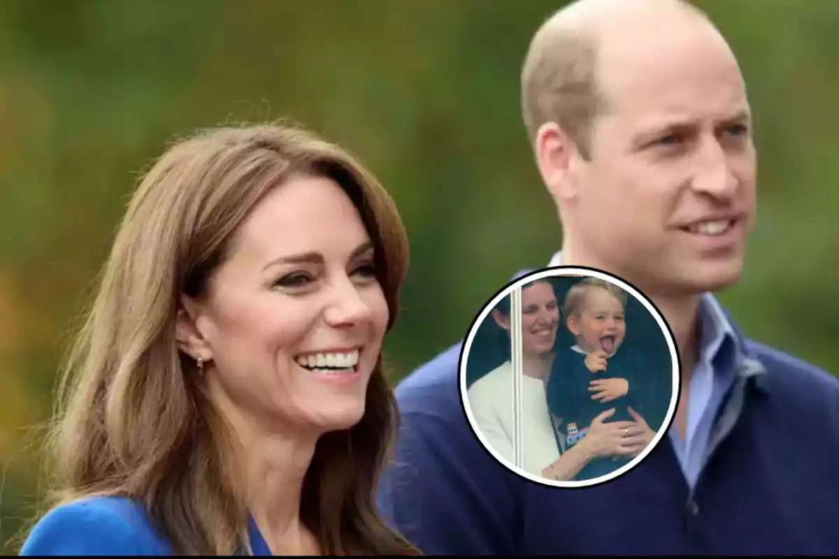 Una pareja sonriente al aire libre con un recuadro que muestra a una mujer y un niño pequeño sonriendo.