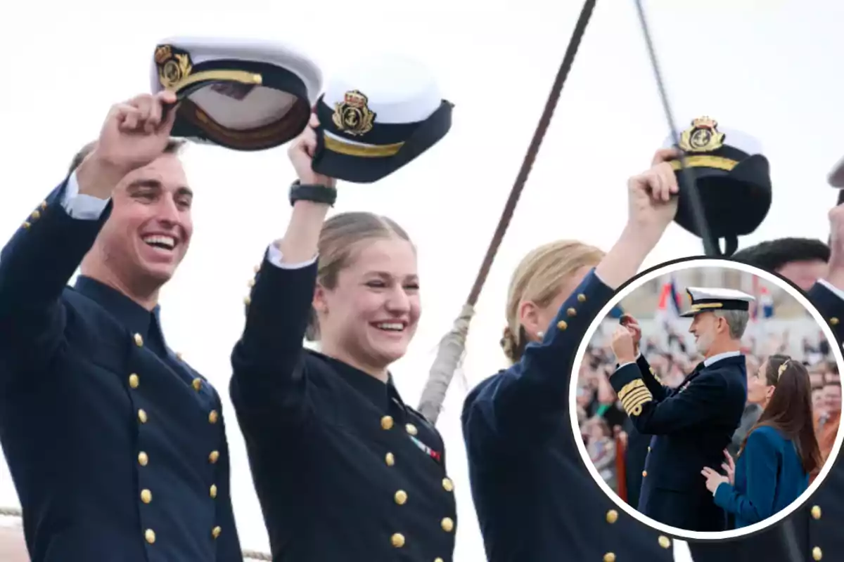 Personas en uniforme naval levantando sus gorras con una imagen insertada de un oficial y una mujer en un evento.