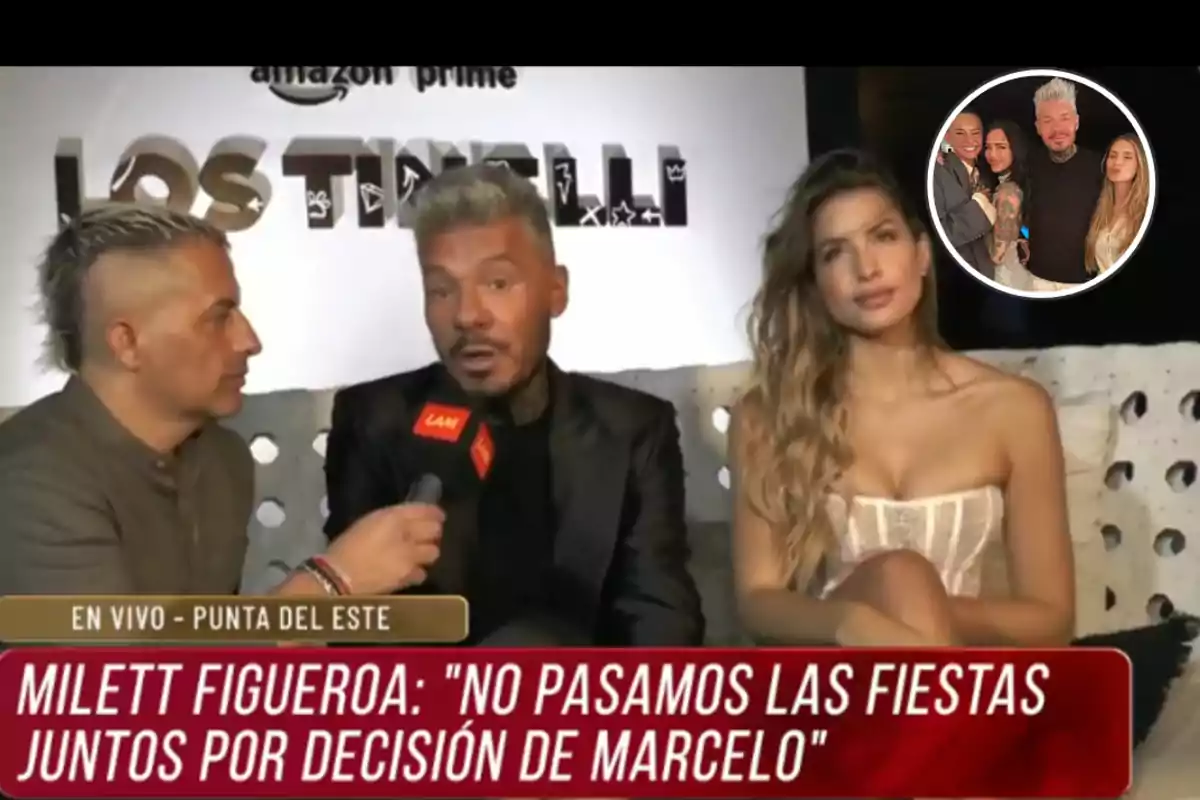 Un hombre con micrófono entrevista a dos personas en un evento de Amazon Prime, con un cartel de "Los Tinelli" de fondo y un recuadro con una foto de grupo en la esquina superior derecha.