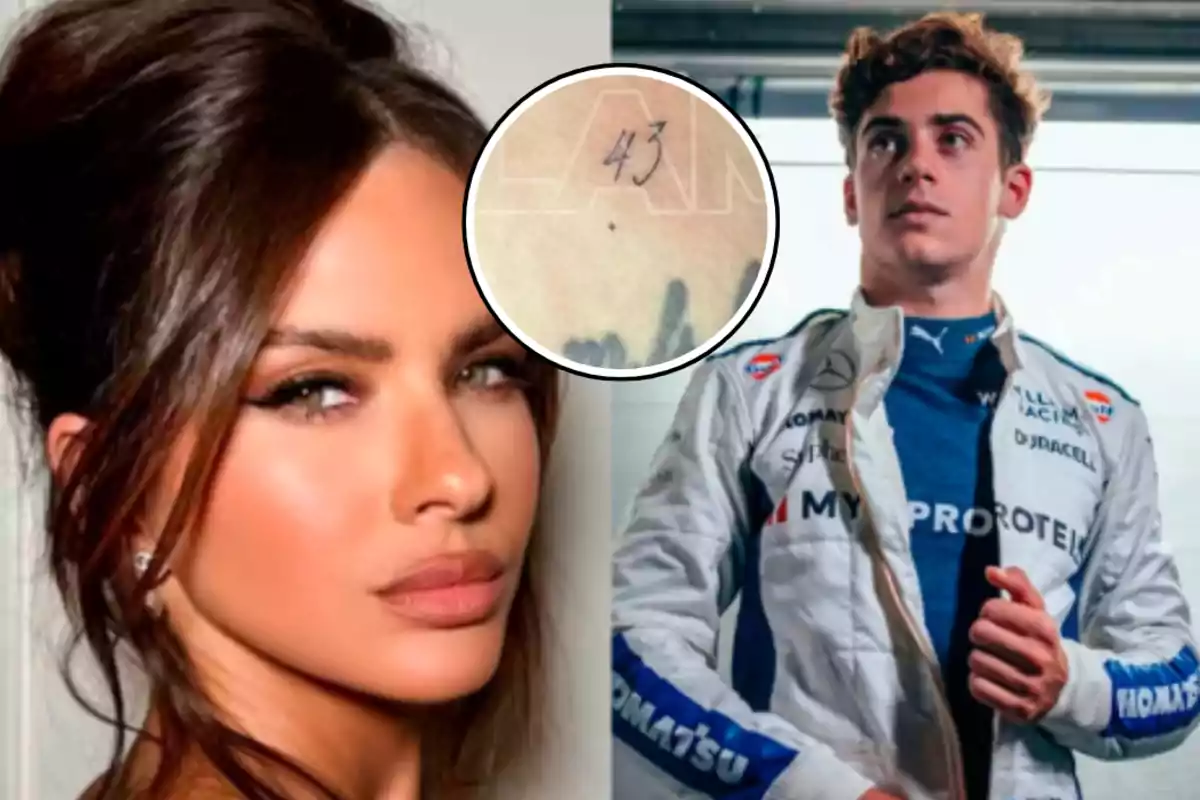 Una mujer con cabello recogido y maquillaje elegante junto a un hombre joven con un traje de carreras blanco y azul con un número 43 en un círculo superpuesto.