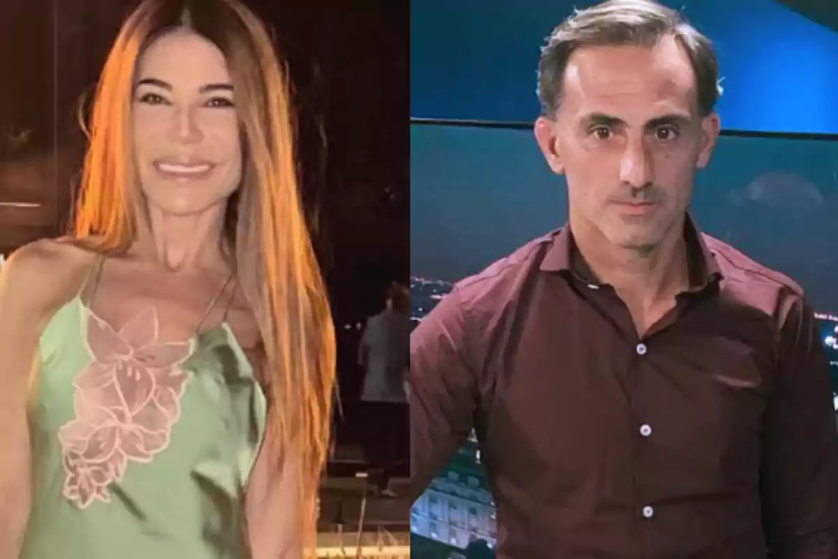 Dos personas posando en un collage, una mujer con vestido verde y un hombre con camisa marrón.