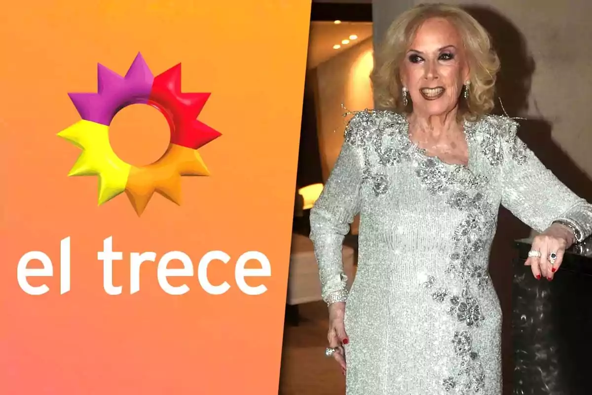 Mirtha Legrand in a shiny dress poses next to the "El Trece" channel logo.