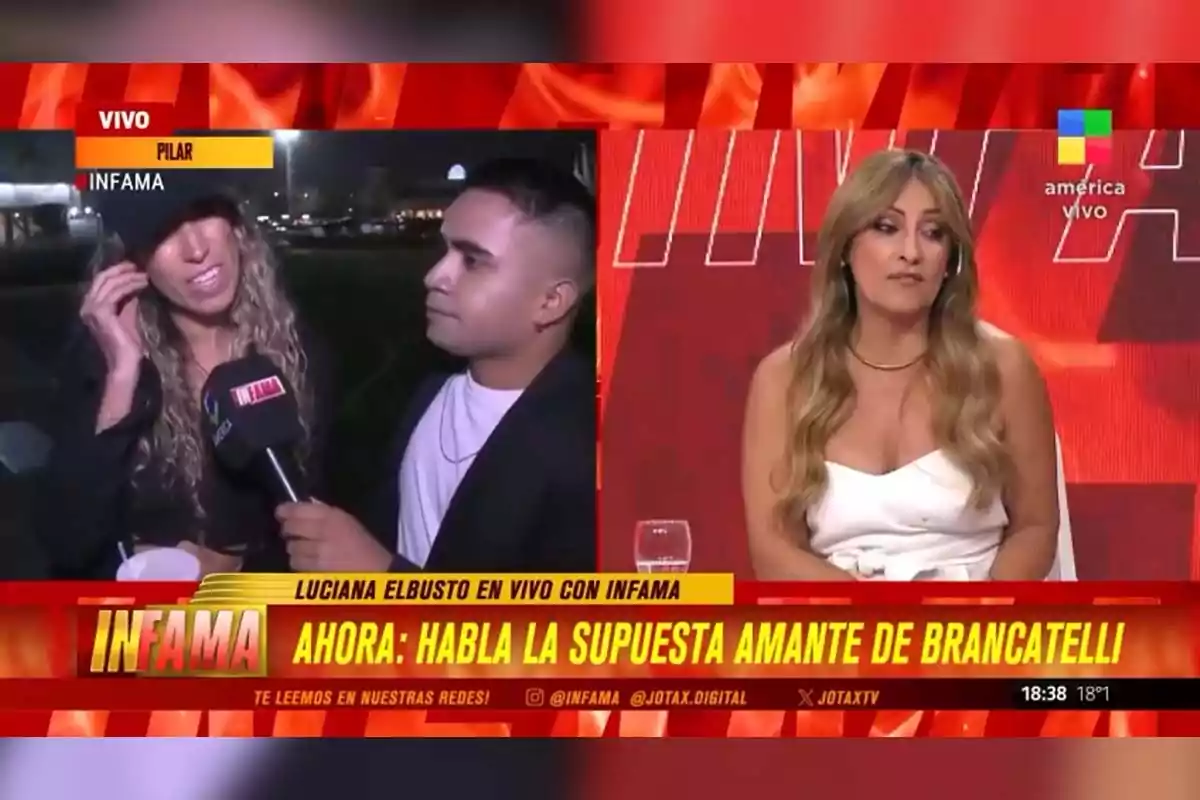 En un programa de televisión en vivo, un reportero entrevista a una mujer mientras en el estudio una presentadora observa la transmisión. En un programa de televisión en vivo, un reportero entrevista a una mujer mientras en el estudio una presentadora observa la transmisión.