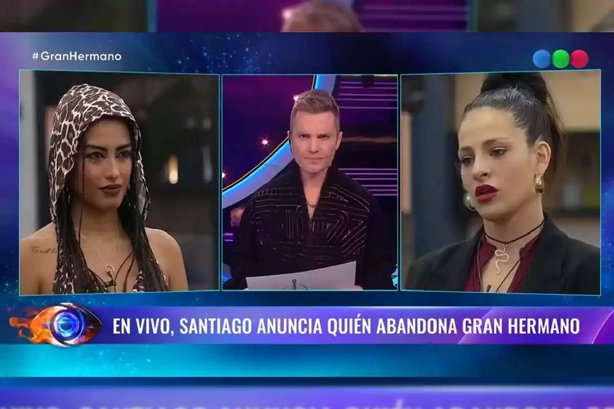 In the image, three people are seen on a live television show, where the host is about to announce who will leave the reality show Big Brother. In the image, three people are seen on a live television show, where the host is about to announce who will leave the reality show Big Brother.