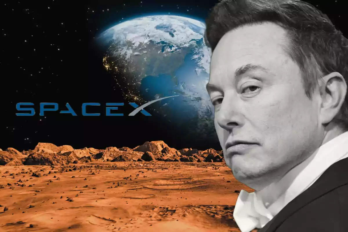 Un hombre en primer plano con un paisaje marciano y el logo de SpaceX en el fondo, junto a una imagen de la Tierra desde el espacio.