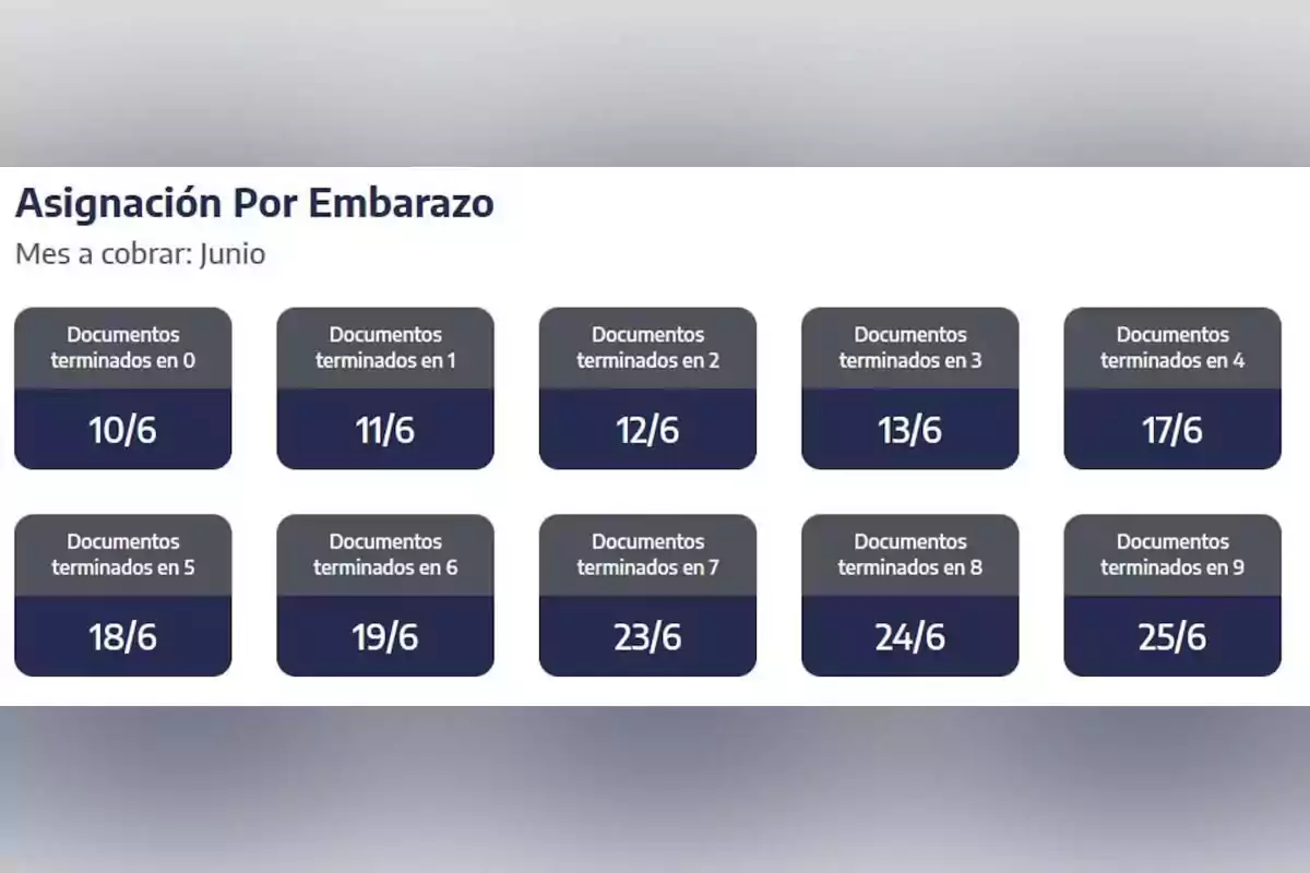 Payment schedule for the Pregnancy Allowance for the month of June according to the document’s last digit, with dates from June 10 to June 25