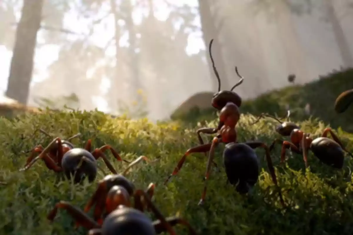 Un grupo de hormigas caminando sobre el musgo en un bosque iluminado por el sol.