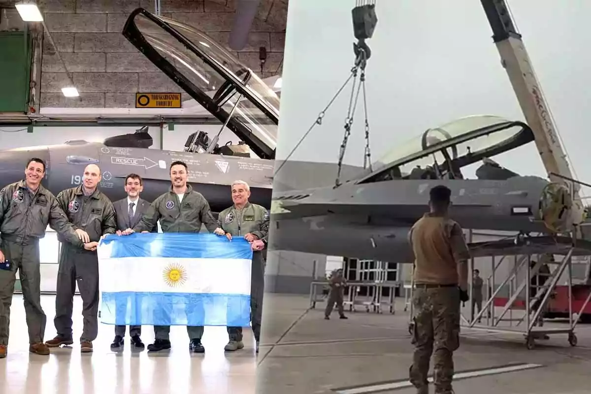 Un grupo de personas en uniforme militar sostiene una bandera de Argentina frente a un avión de combate F-16 en un hangar, mientras que en otra escena un avión similar está siendo levantado por una grúa en una base aérea.