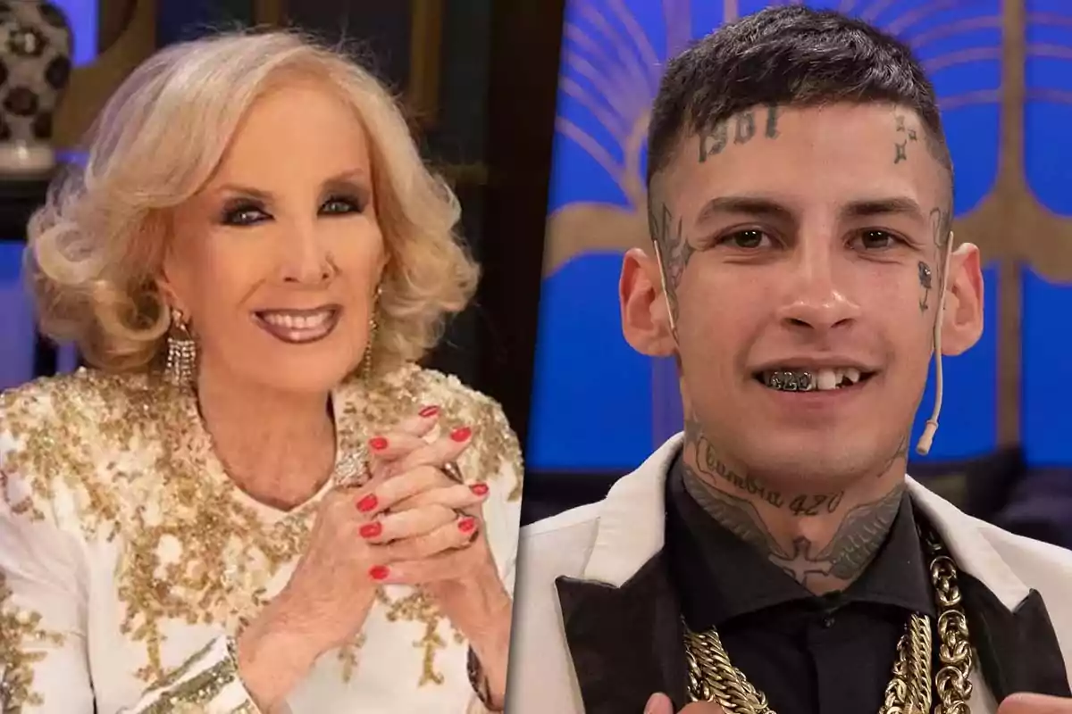 Una mujer mayor con cabello rubio (Mirtha Legrand) y un hombre joven con tatuajes faciales (L-Gante) posan juntos, ambos sonríen.