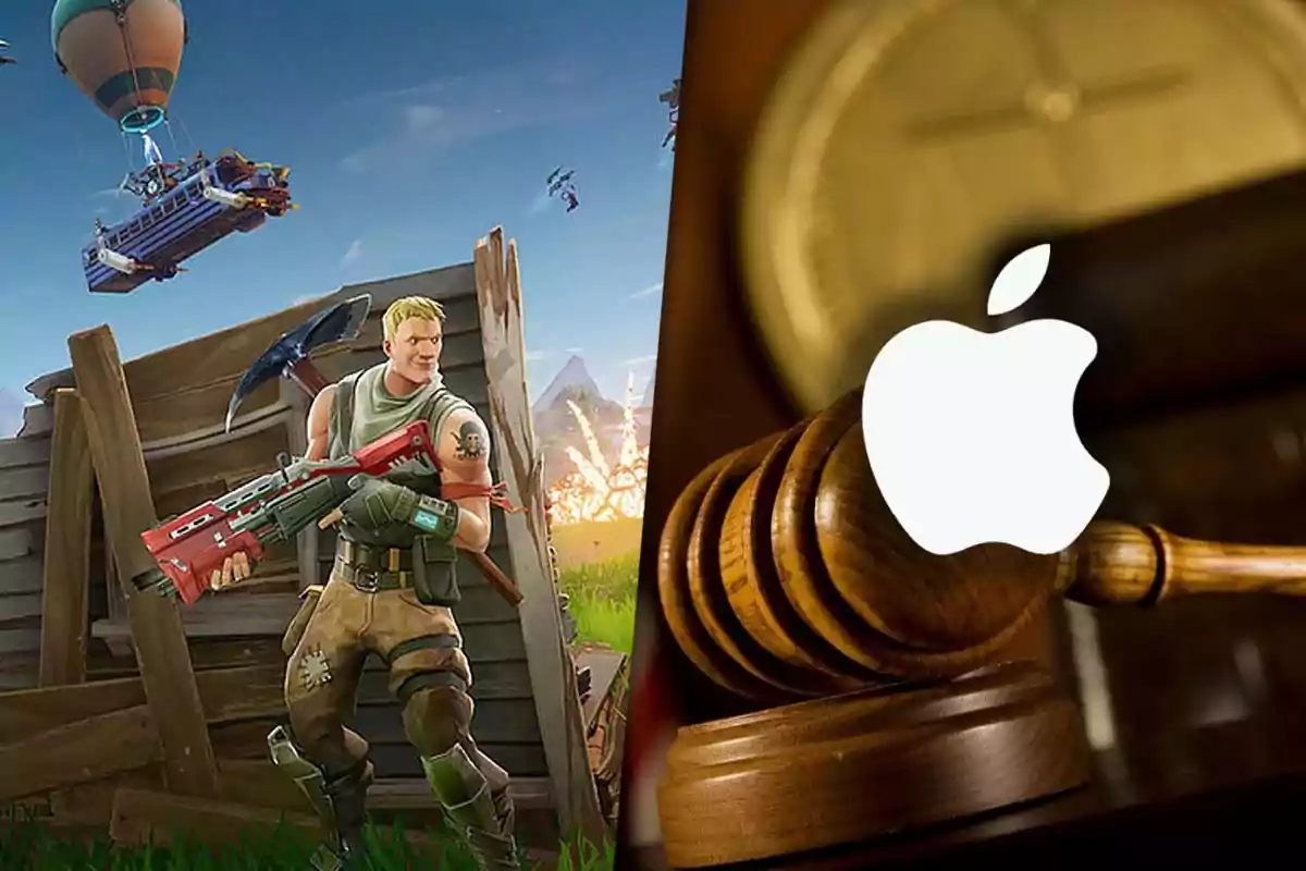 A video game character with a weapon and a pickaxe in front of a wooden structure, next to an image of a judge's gavel with a technology company logo.