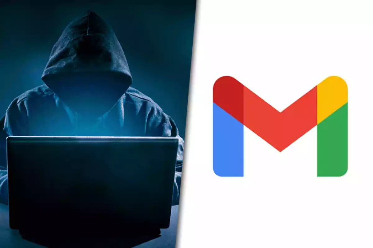 Hooded person using a computer next to the Gmail logo