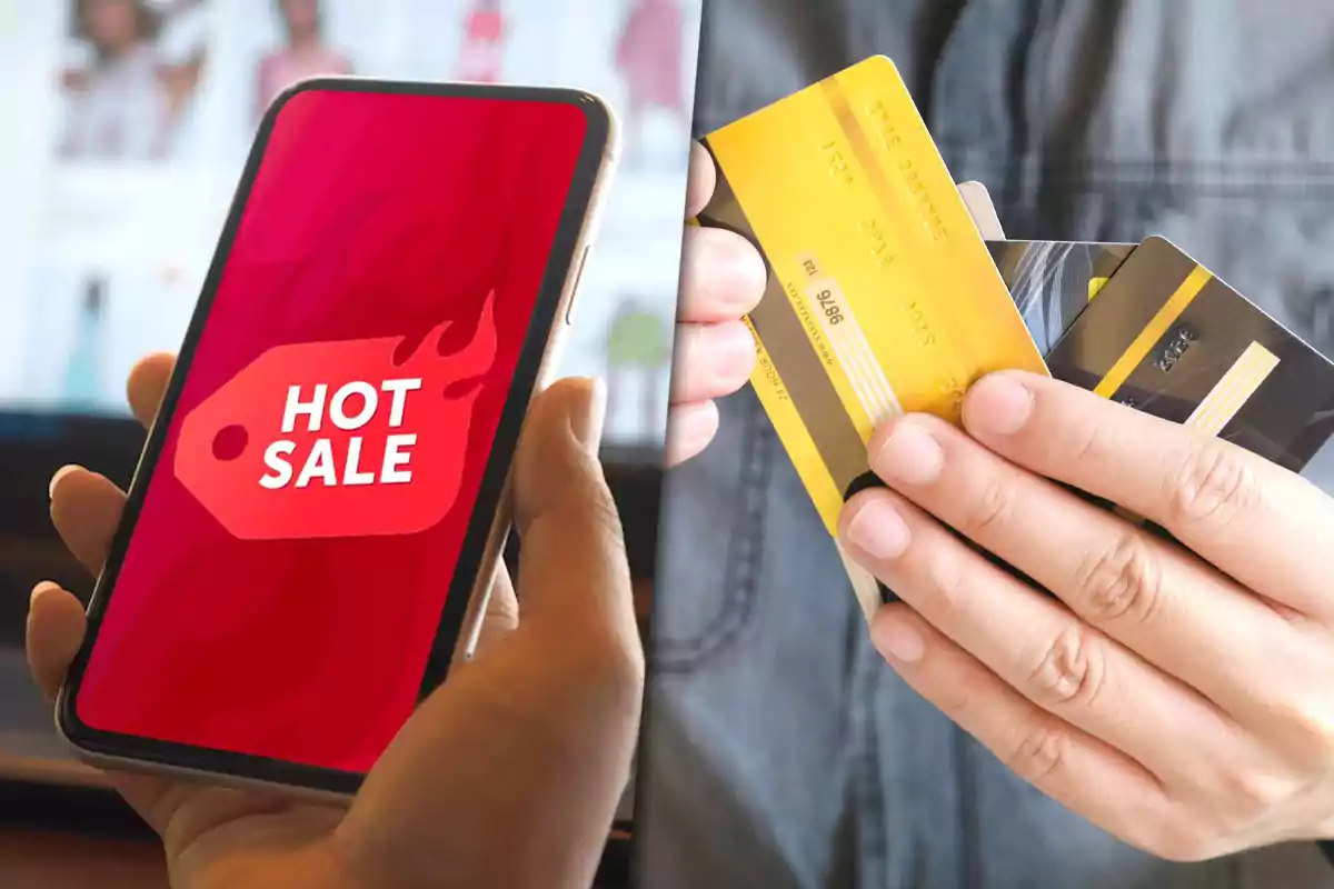 Person holding a phone with a screen displaying "Hot Sale" and another hand holding several credit cards.