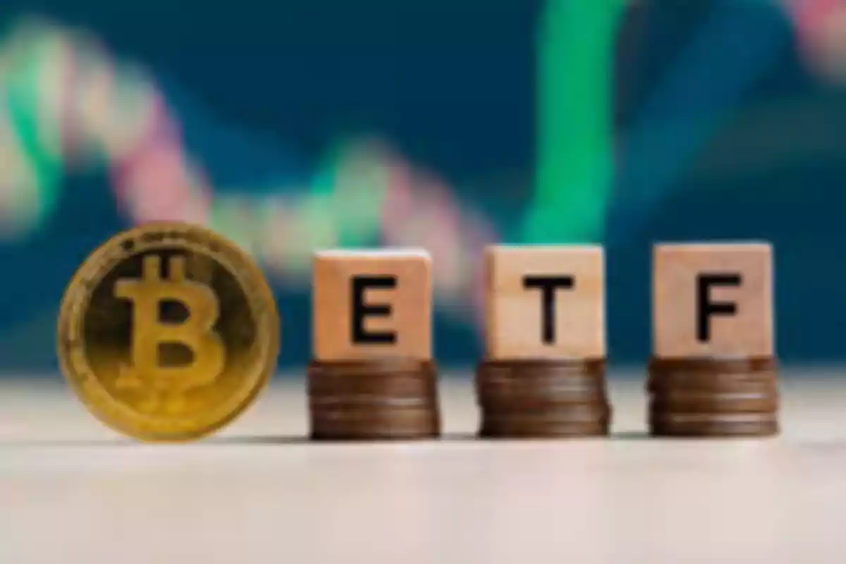 Moneda de Bitcoin junto a bloques de madera con las letras ETF sobre pilas de monedas.