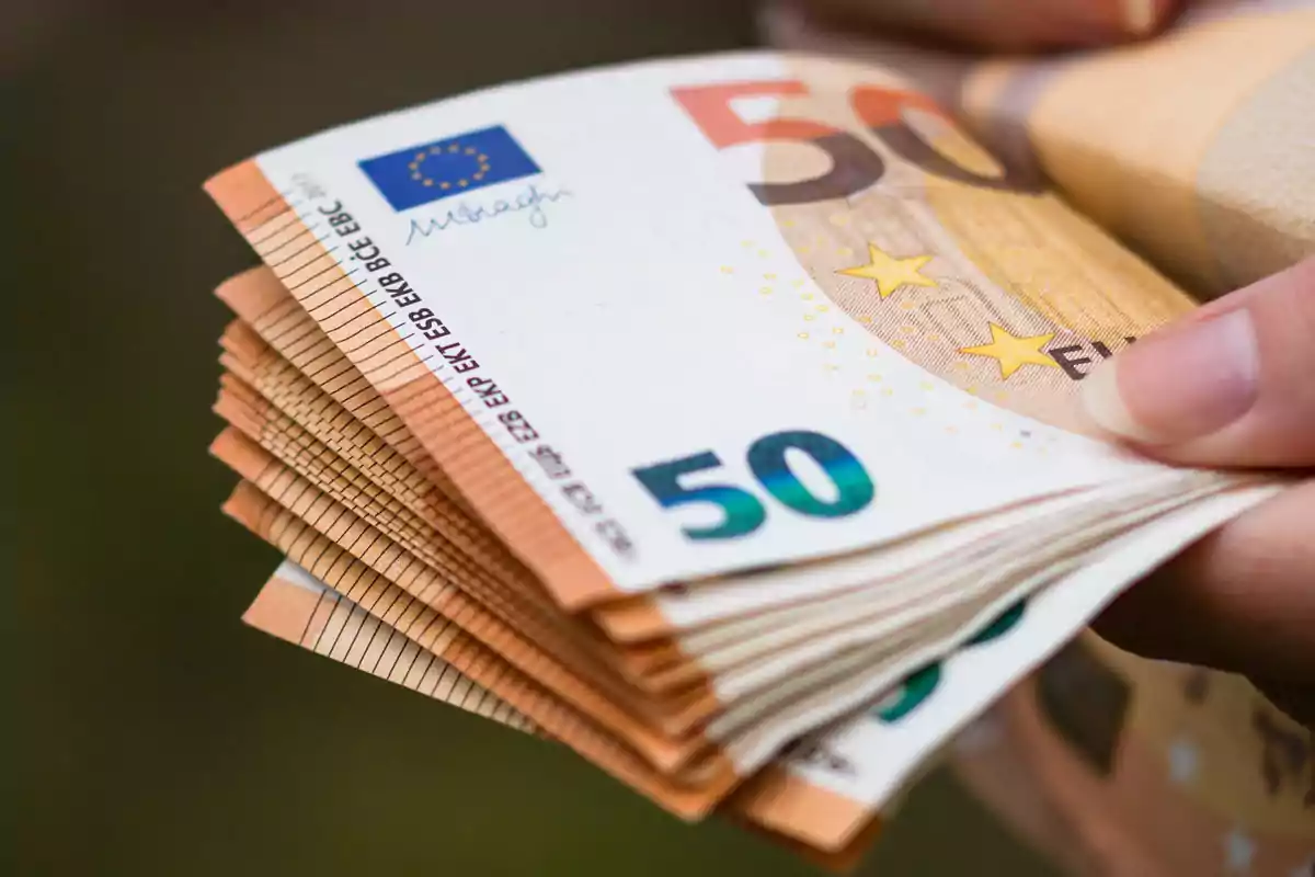 Persona sosteniendo varios billetes de 50 euros en la mano Persona sosteniendo varios billetes de 50 euros en la mano