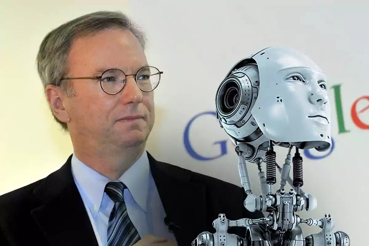 El ex-CEO de Google, Eric Schmidt y un robot humanoide en un fondo con el logo de Google, representando los peligros de la inteligencia artificial según Schmidt.