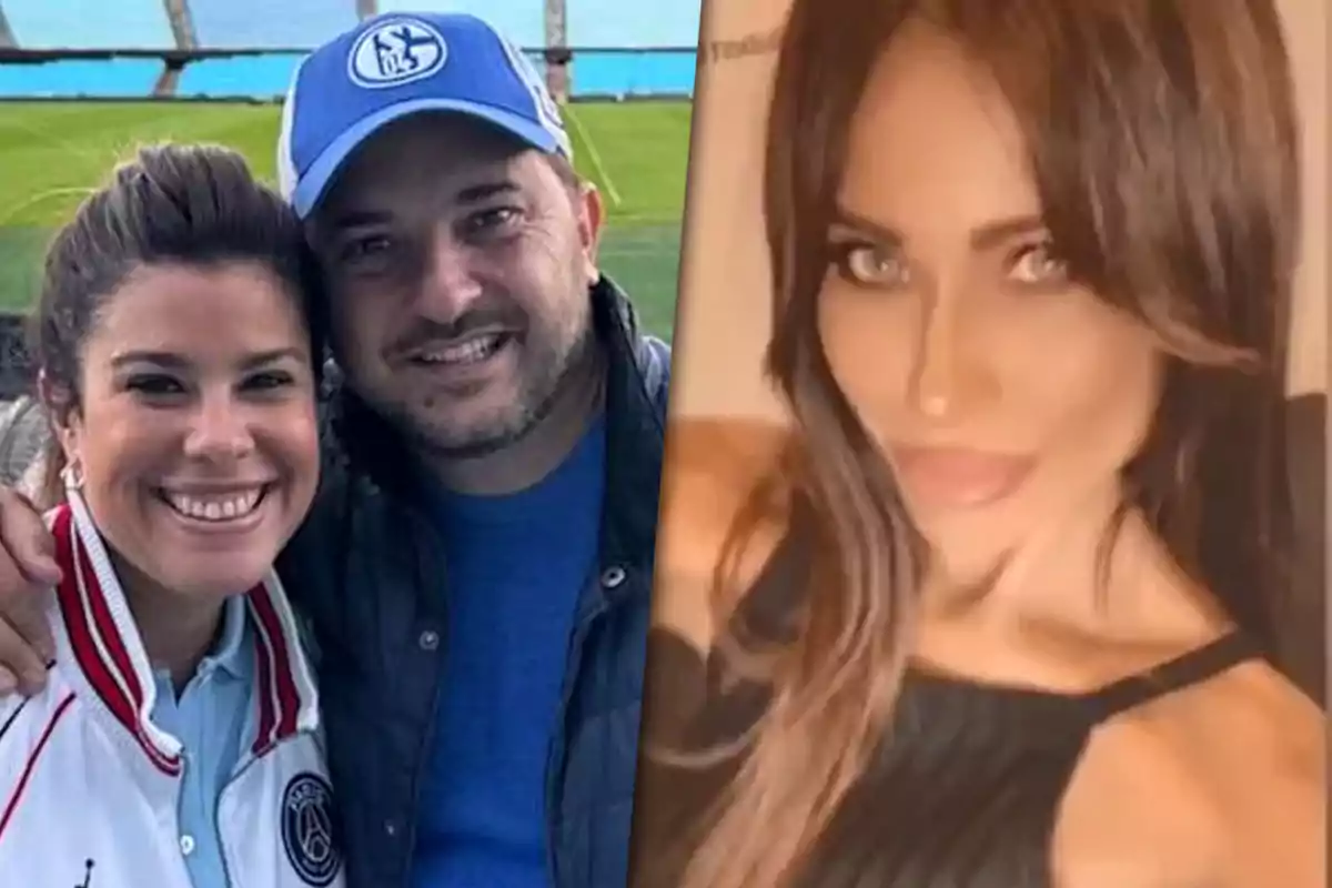 Dos imágenes están unidas: a la izquierda, una pareja sonríe en un estadio; a la derecha, una mujer posa para un selfie.