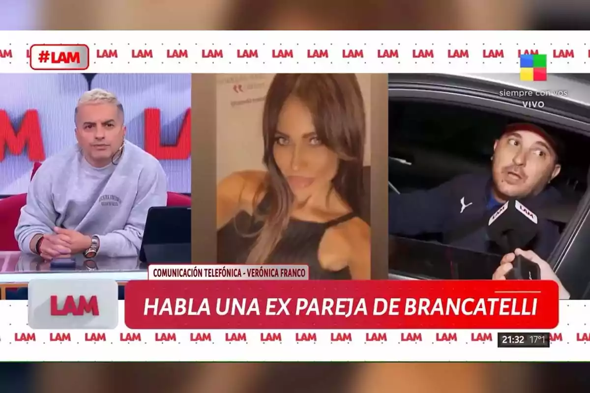 En la imagen se muestra un programa de televisión llamado LAM, donde un presentador está en el estudio, mientras que en pantalla se ven dos imágenes, una de una mujer y otra de un hombre en un auto, con el texto En la imagen se muestra un programa de televisión llamado LAM, donde un presentador está en el estudio, mientras que en pantalla se ven dos imágenes, una de una mujer y otra de un hombre en un auto, con el texto