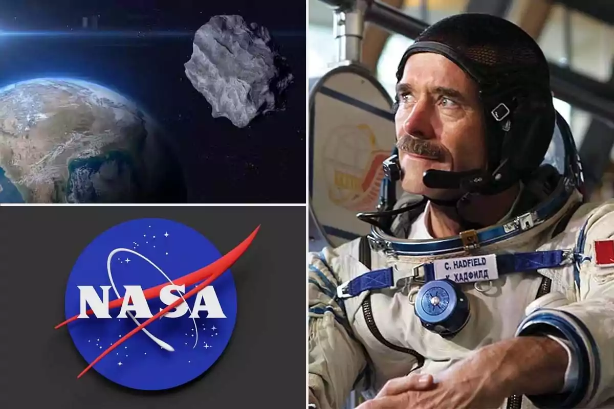 La imagen muestra un collage con el asteroide 2024 YR4 cerca de la Tierra, un astronauta con traje espacial (Chris Hadfield) y el logotipo de la NASA.