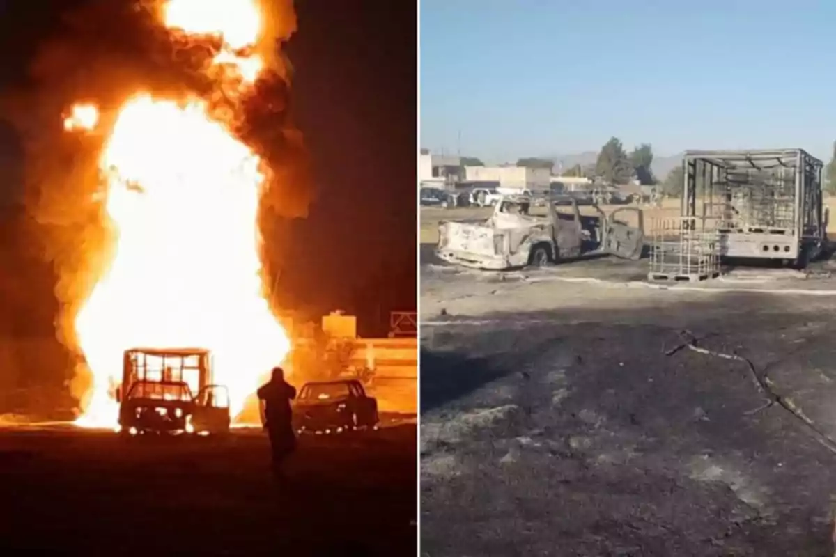 Imagen dividida en dos partes: a la izquierda, un incendio nocturno con llamas intensas y vehículos en llamas; a la derecha, restos calcinados de vehículos y estructuras en un área abierta durante el día.