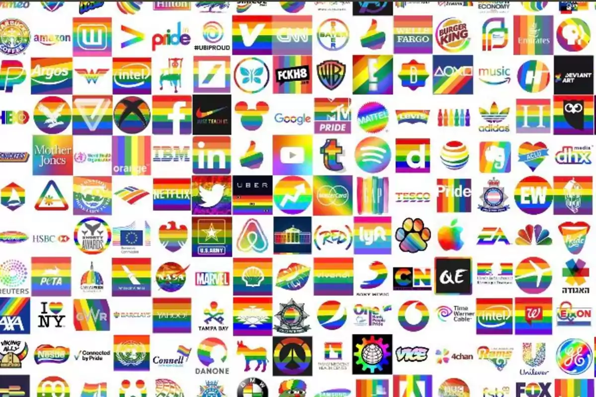 Many logos of famous brands and companies with rainbow colors representing LGBT pride Many logos of famous brands and companies with rainbow colors representing LGBT pride