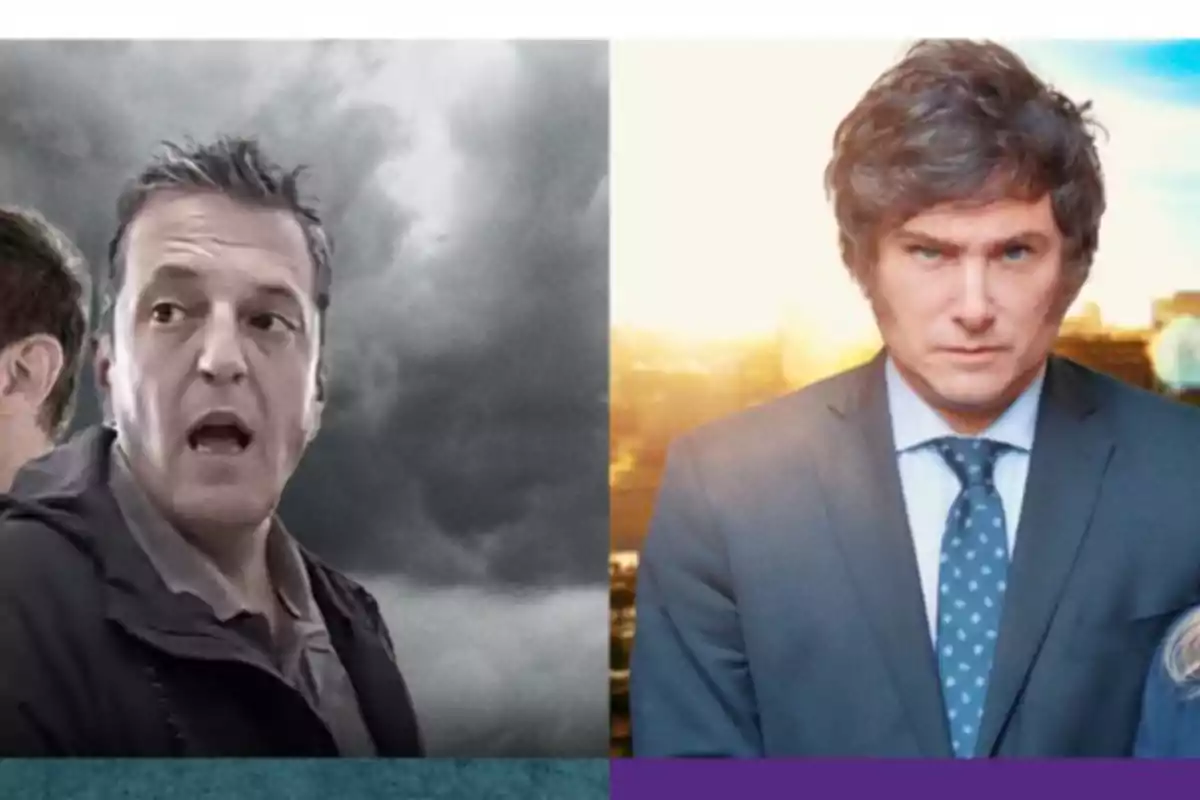 Two men in the foreground, one with a serious expression and wearing a suit in front of a sunny background, and the other with a surprised expression and casual clothes in front of a cloudy background.