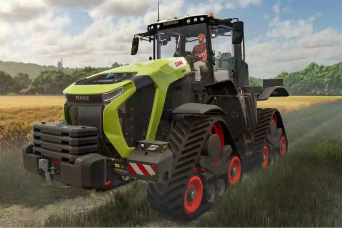 Un tractor moderno con orugas rojas y un conductor en un campo de cultivo bajo un cielo parcialmente nublado.