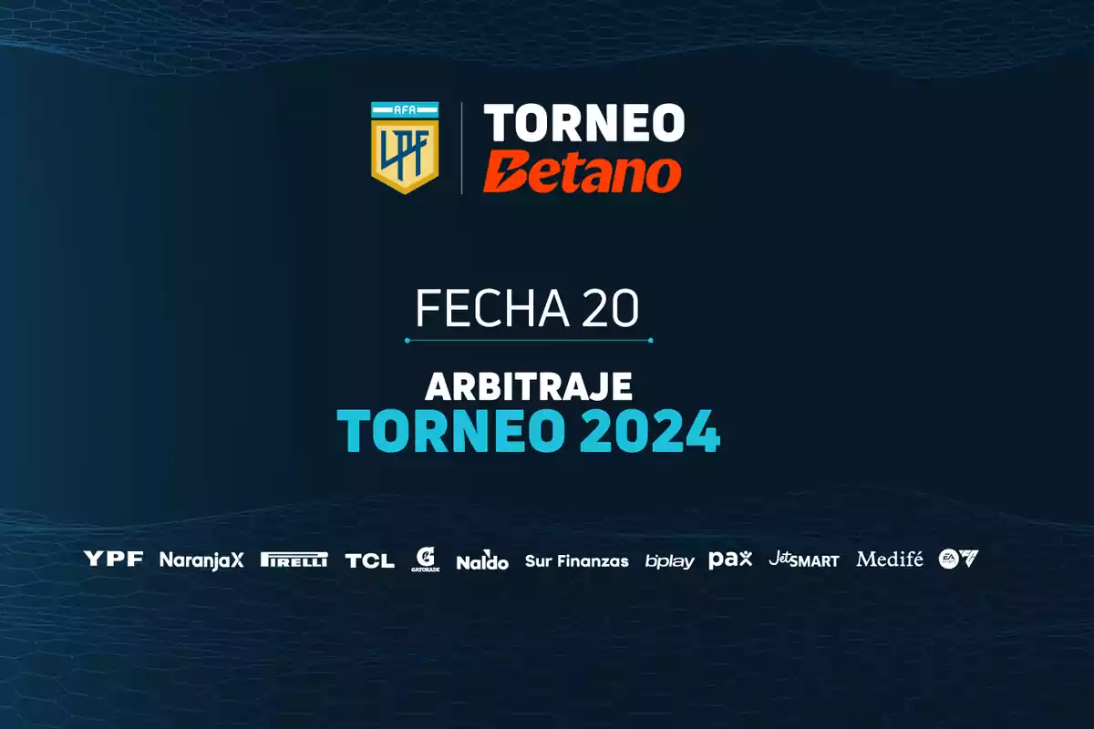 Imagen promocional del Torneo Betano 2024, fecha 20, con logos de patrocinadores en la parte inferior.