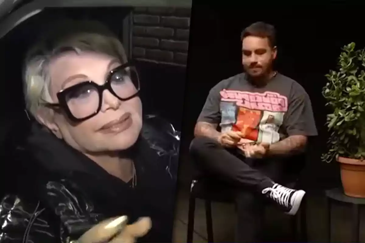 Una mujer con gafas grandes y cabello rubio mira a la cámara mientras un hombre con barba y camiseta gráfica está sentado junto a una planta en una maceta