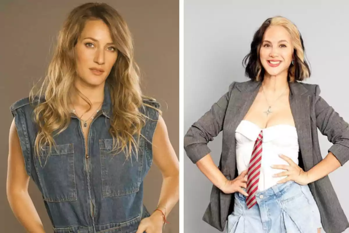 Two women pose side by side, the one on the left is wearing a denim vest and the one on the right is dressed in a gray blazer with a white blouse and a red tie.