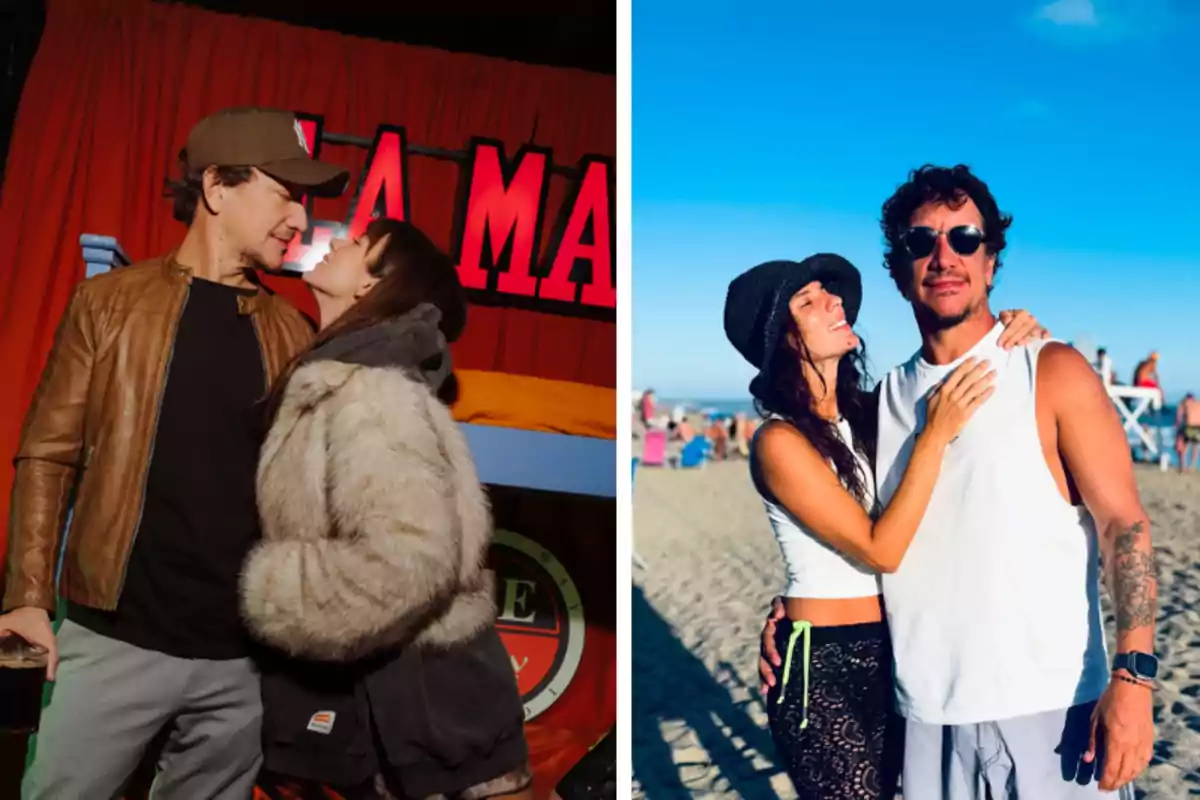 Dos parejas posan juntas, una en un ambiente interior con fondo rojo y la otra en la playa bajo el sol Dos parejas posan juntas, una en un ambiente interior con fondo rojo y la otra en la playa bajo el sol