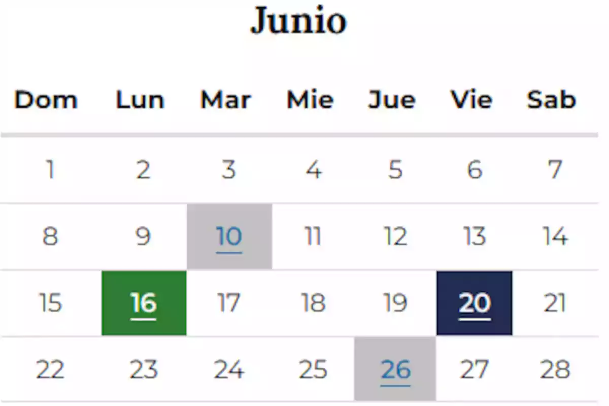 Calendario del mes de junio con los días 10, 16, 20 y 26 resaltados en diferentes colores Calendario del mes de junio con los días 10, 16, 20 y 26 resaltados en diferentes colores