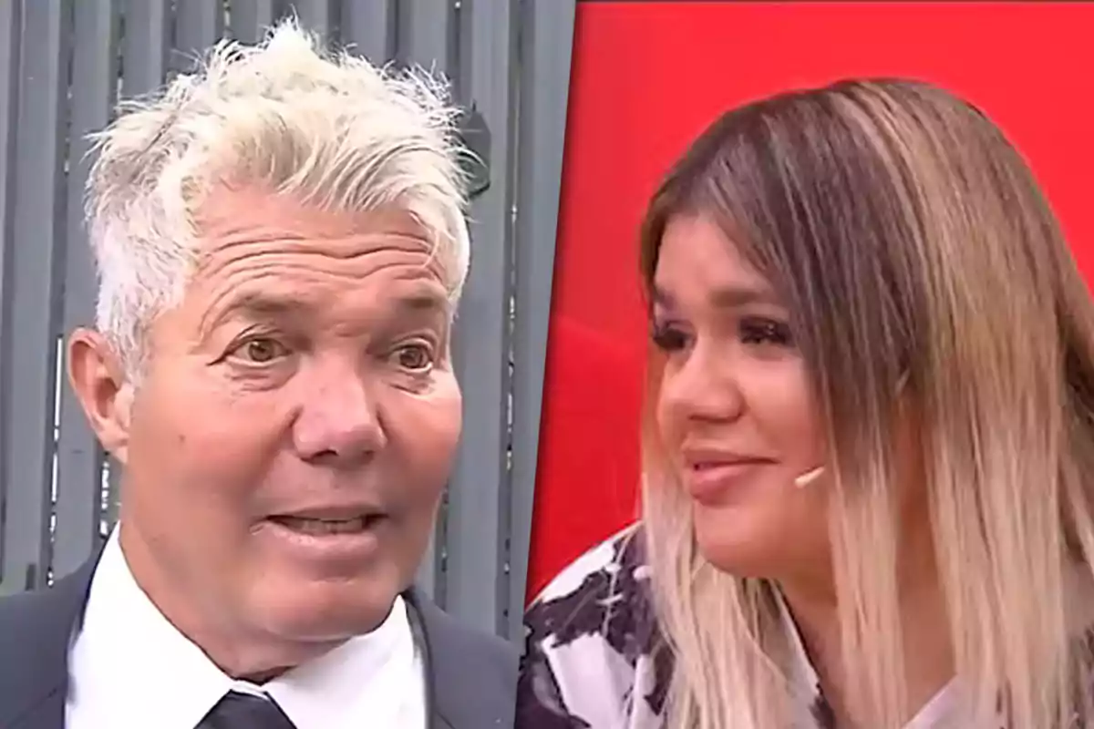 Two people in a split image, a gray-haired man on the left and a woman with long blonde hair on the right, both seem to be in a conversation or interview.