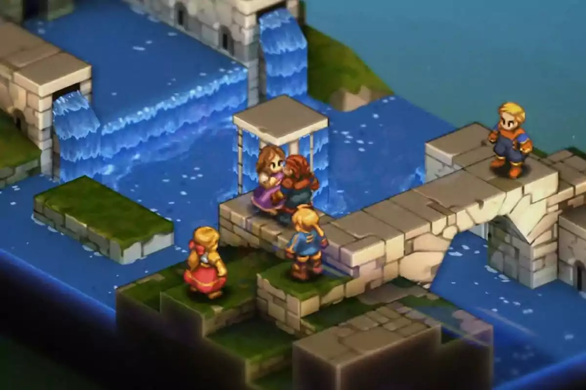 Four pixel art-style characters are on a stone bridge in a fantasy setting with water and waterfalls; one of them appears to be rescuing a girl. Four pixel art-style characters are on a stone bridge in a fantasy setting with water and waterfalls; one of them appears to be rescuing a girl.