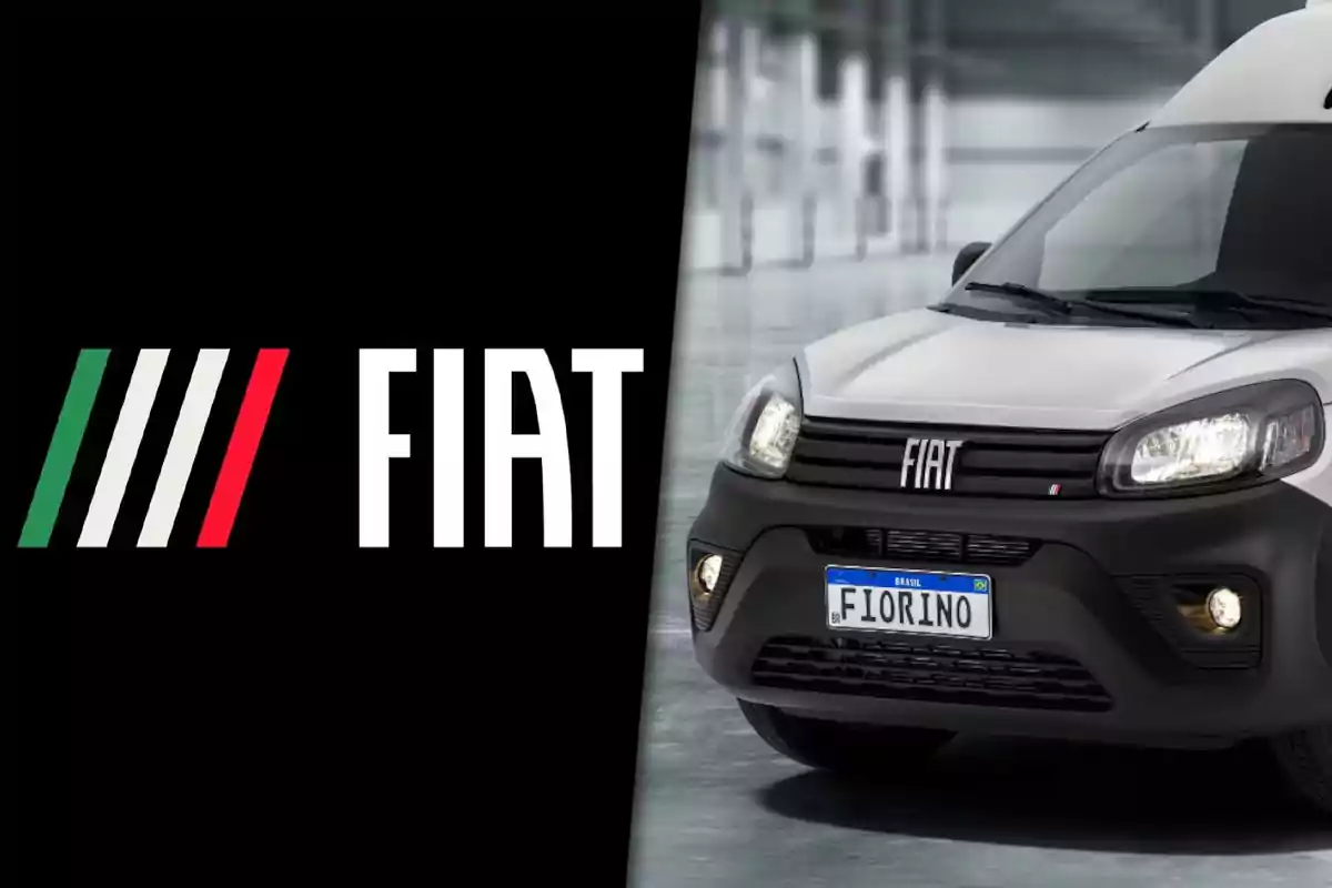 Fiat logo next to the front of a white Fiat Fiorino van in an industrial setting